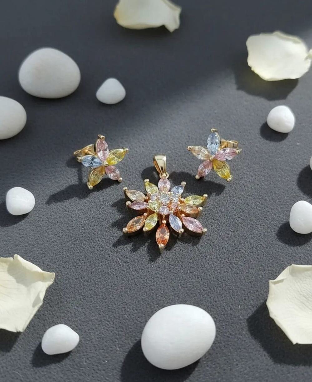 Golden Time 18k Gold Plated Multicolor Flower Earrings and Pendant Set.